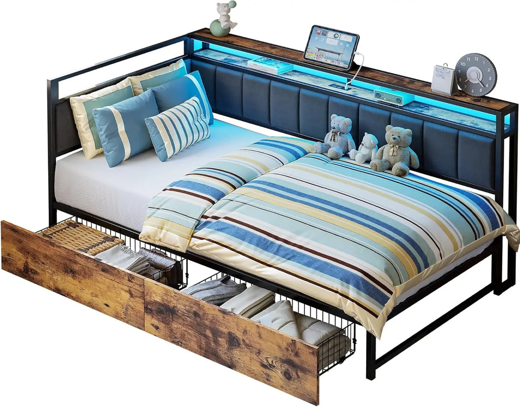 LIKIMIO Corner Bed Frame Twin/Full Daybed with Storage Drawers, Metal Platform Bed Frame with LED Light, Charging Station, Black