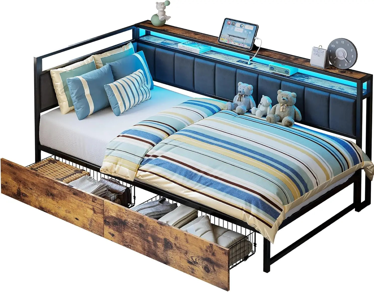 LIKIMIO Corner Bed Frame Twin/Full Daybed with Storage Drawers, Metal Platform Bed Frame with LED Light, Charging Station, Black