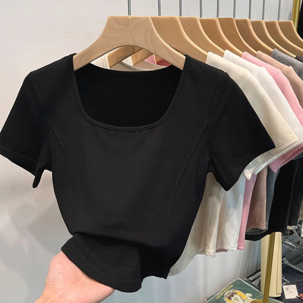 Fashion Summer Square Neck T-shirt Sweet Simplicity Slim Top Casual Trendy Short Top Female