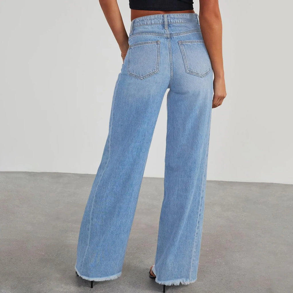 Retro High Waist Straight Leg Jeans Women's Fashion Cross-Border Frayed Hem New Style Side Seam Patchwork Distressed