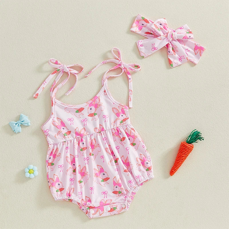 Toddler Girls Spring Floral Print Sleeveless Romper with Matching Headband Set for Easter Celebration and Playdates