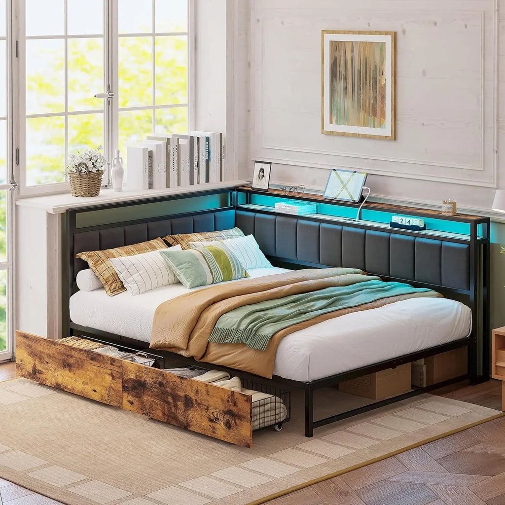 LIKIMIO Corner Bed Frame Twin/Full Daybed with Storage Drawers, Metal Platform Bed Frame with LED Light, Charging Station, Black
