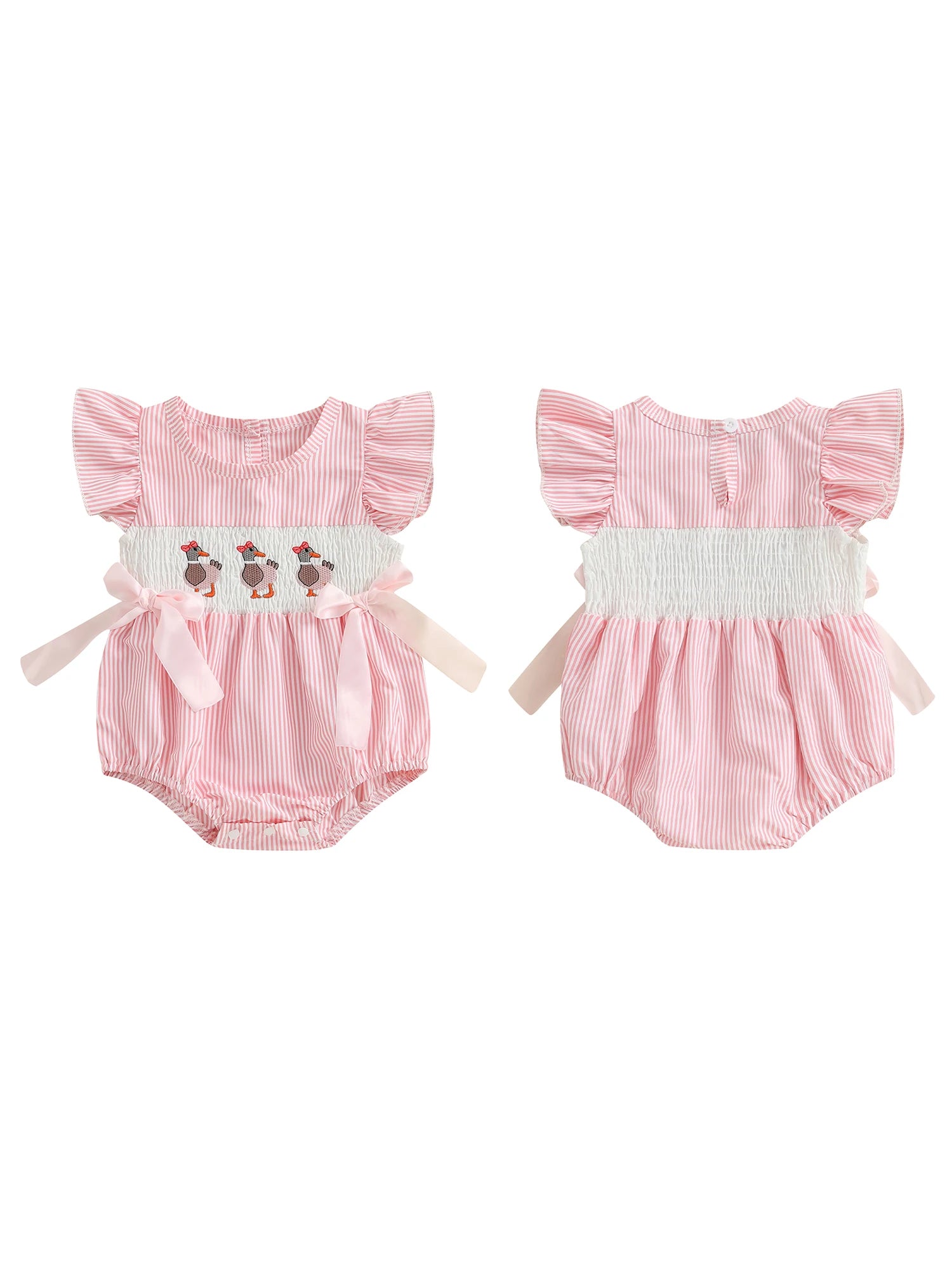 Cute Toddler Bunny Print Overall Dress with Ruffle Sleeves and Bow Detail for Baby Girls Easter Outfit