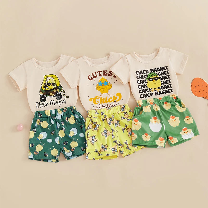 Baby Easter Outfit Bunny Print Short Sleeve Shirt and Shorts Set with Elastic Waistband for Comfort