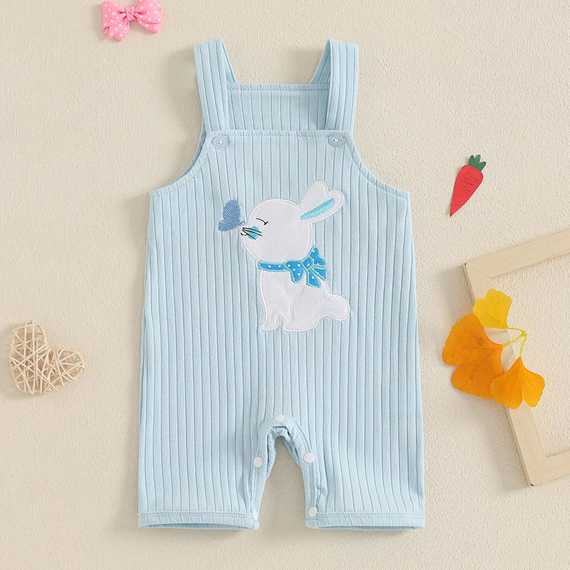 Easter Bunny Embroidered Sleeveless Romper Jumpsuit Square Neck Bodysuit for Infant Boys and Girls Cute Holiday Outfit