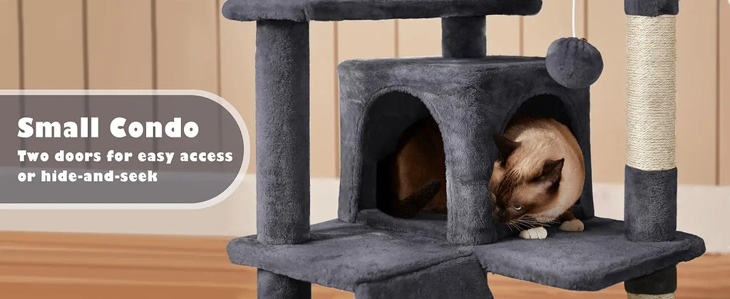 54in Cat Tree, Multi-Level Cat Tower With Spacious Kitten-ear Perch, 2 Cozy Caves, Scratching Posts, Climbing Ladder, 2 Plush Ba