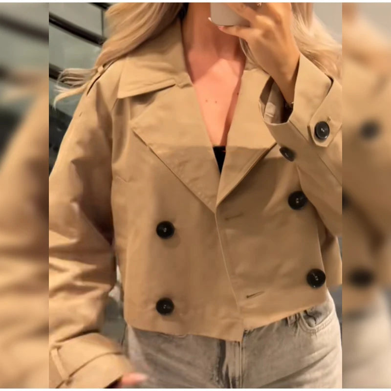 Solid Double-breasted Short Windbreaker Women Fashion Lapel Long Sleeve Slim Thin Jackets 2025 Autumn Female High Street Outwear