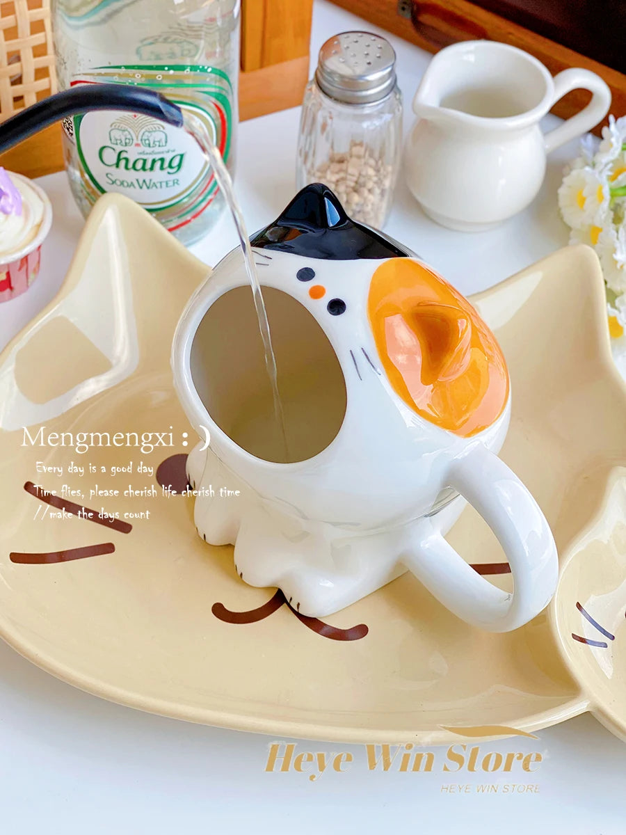 Cute Cat Mug, Cartoon Calico Cat Storage Rack, Desktop Pen Holder, Fun Gift Straw Cup, High-value Breakfast Milk Cup