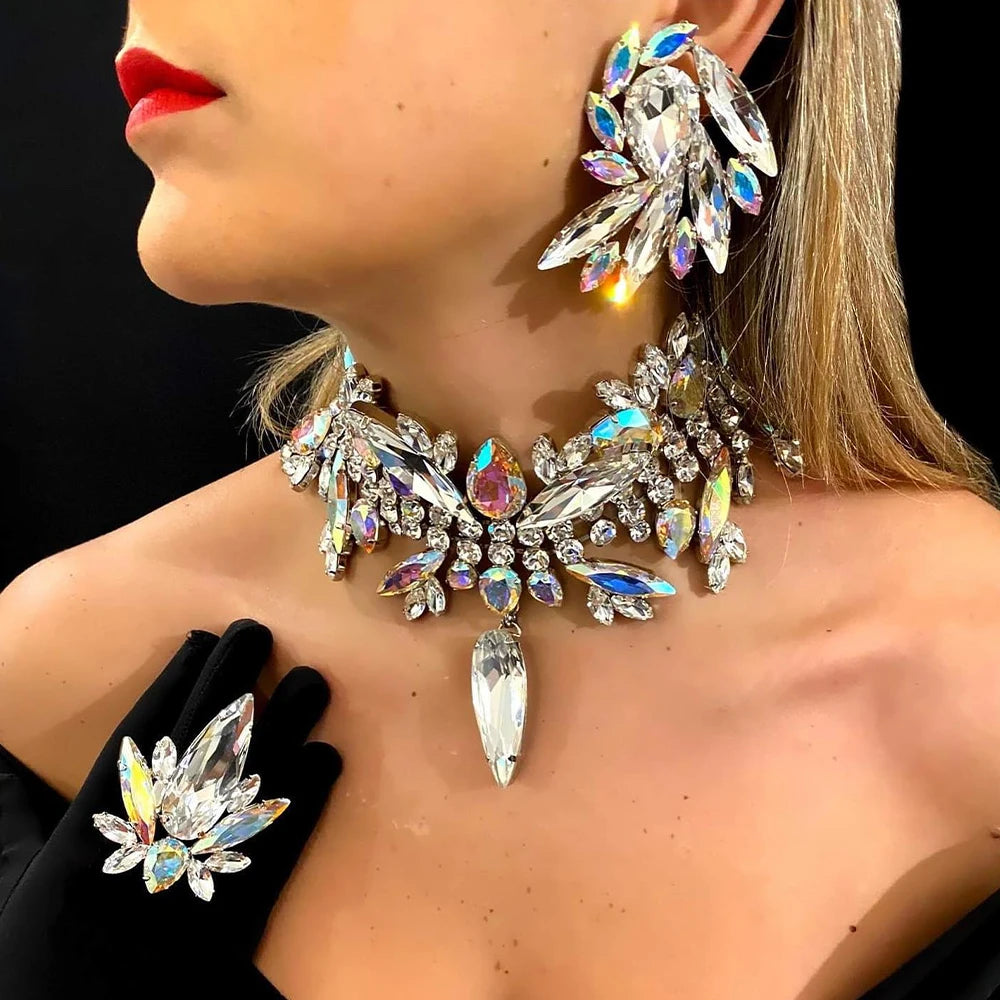 Stonefans Geometric Necklace Earrings Set Crystal Accessories for Women Party Bling Rhinestone Statement Jewelry Set Jewelry