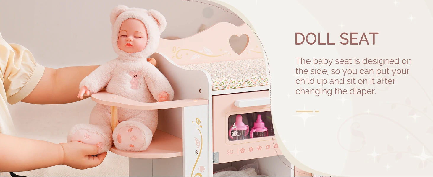 Robud Wooden 6-in-1 Baby Doll Changing Table with Baby Doll Crib Washing Machine Bottle Sterilizer Storage Area for Kids in Pink