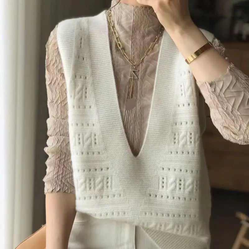V-Neck Hollowed Out 100% Wool Knitted Vest For Women In AutumnWinter Loose Solid Color Korean Fashion Pullover Sweater Vest Top
