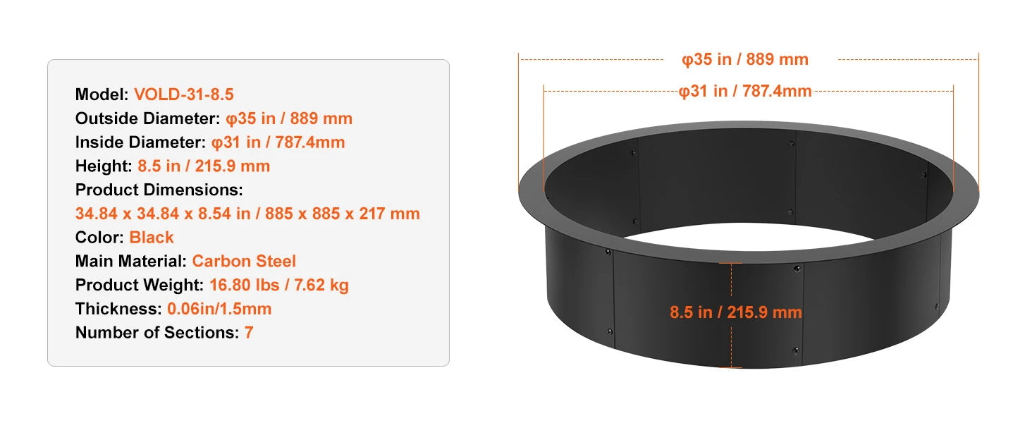 SucceBuy Fire Pit Ring Thick Fire Pit Insert Heavy Duty Carbon Steel Liner DIY Campfire Ring above or In-Ground for Outdoor