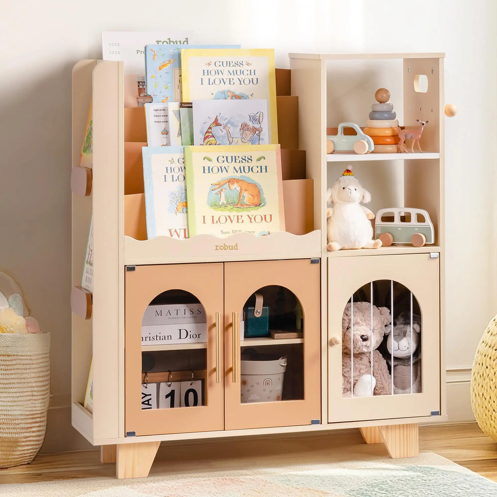 ROBOTIME ROBUD Kids Wooden Bookshelf with Storage Montessori Bookshelf Kids Bookcase Toy Storage Book Shelf for Toddlers
