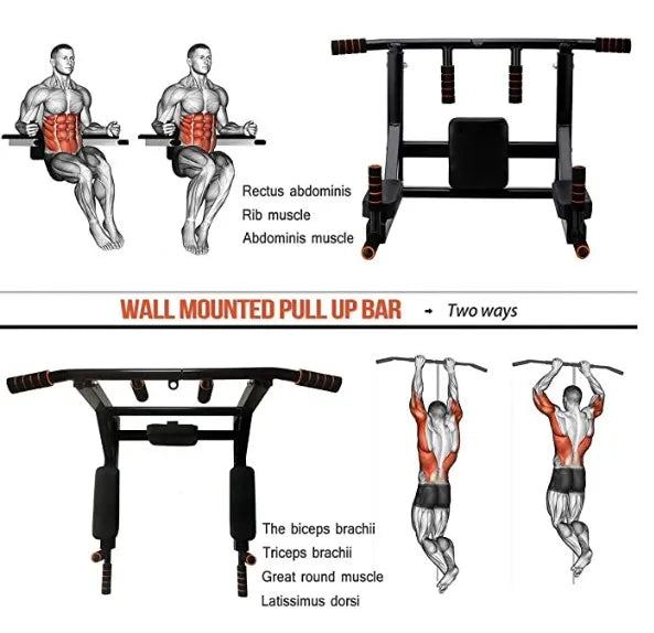 Wall Mounted Pull Up Bar Dip Stand, Indoor Home Gym Workout Equipment, 200kg Load-bearing Dip Station