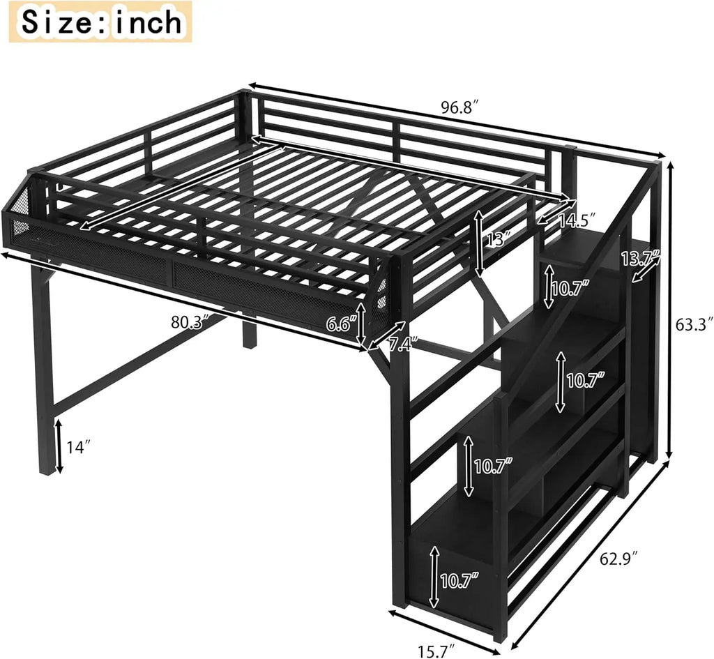 Queen Loft Bed with Storage Stairs, USB Ports & LED Lights - Black Woodgrain Metal Frame