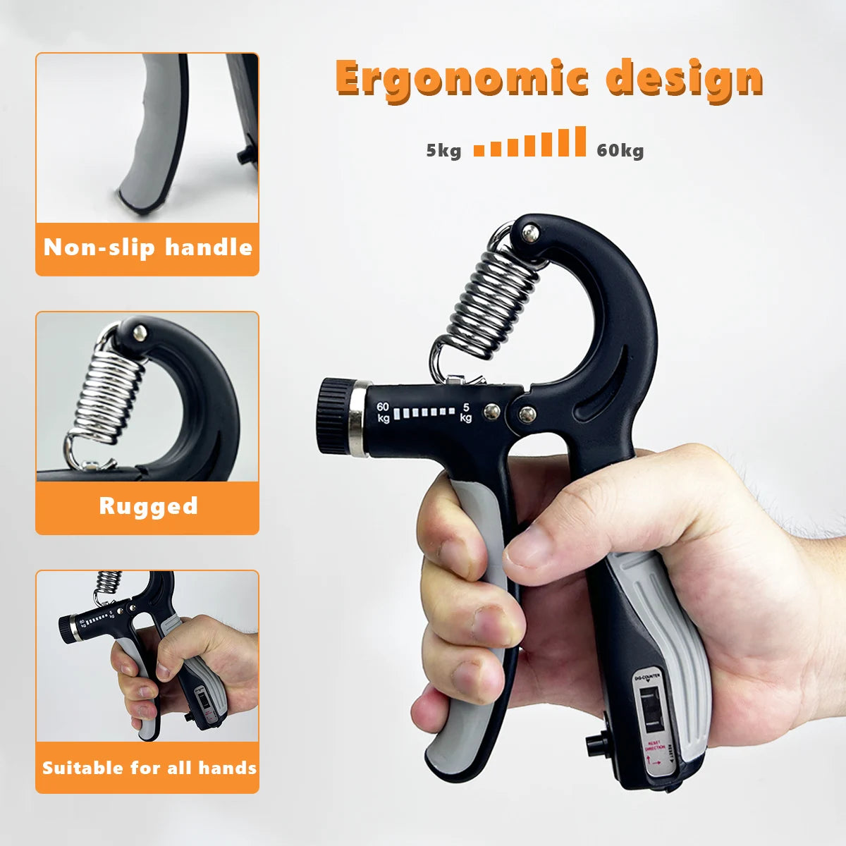 Grip Strength Trainer Adjustable Hand Grip Strengthener 11-132 Lbs (5-60Kg) Gym Rehab Forearm Trainer