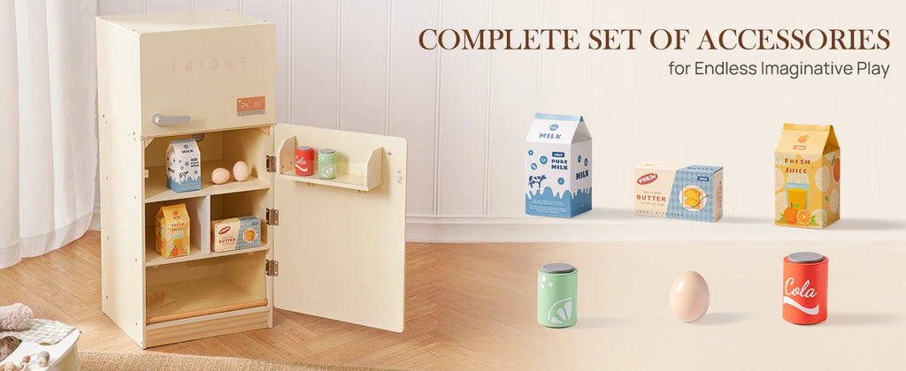 ROBOTIME ROBUD Play Kitchen Wooden Pretend Play Refrigerator Accessories Set for Boys Girls Children Ages 3+
