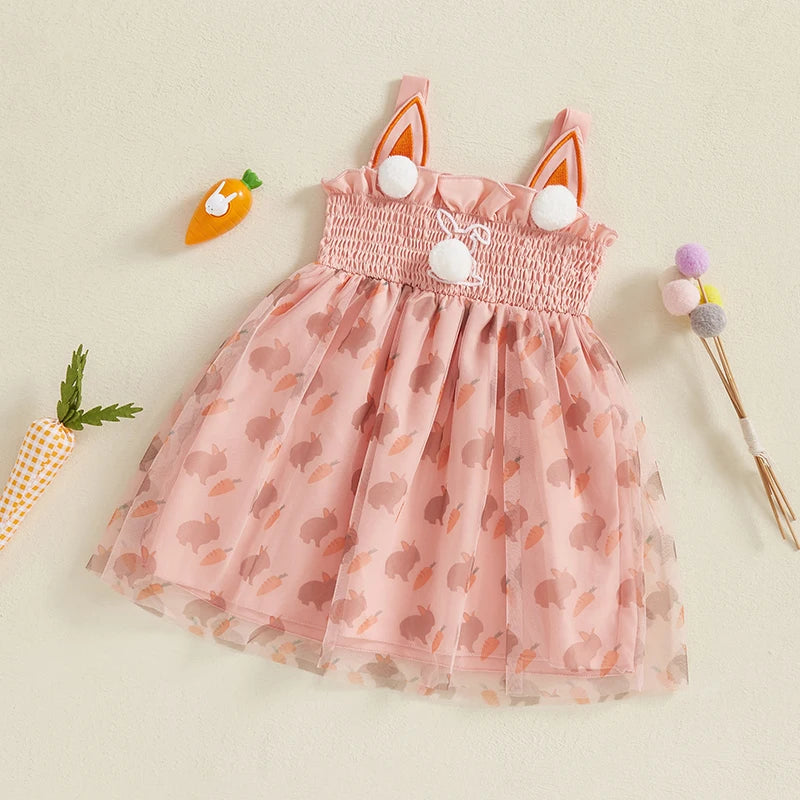 Girls Easter Bunny Print Sleeveless Dress Summer Fashion Casual Kids Princess Dress with Carrot Pattern