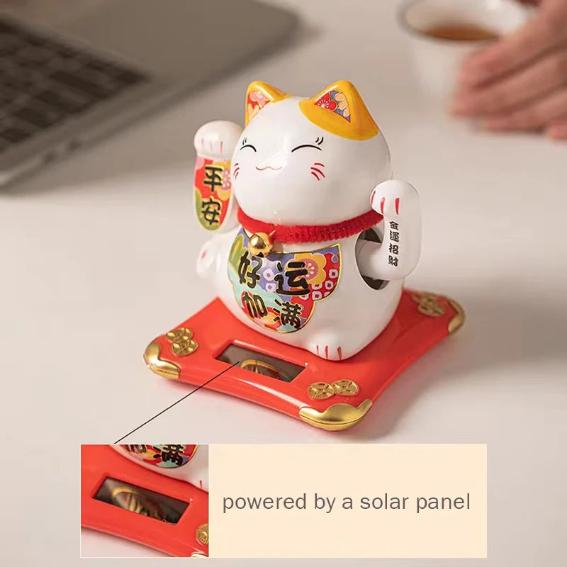 4.3 Inch Solar Powered Waving Ceramic Maneki-neko Lucky Beckoning Cat for Wealth Fortune, Home Office Decor, Gift for Prosperity