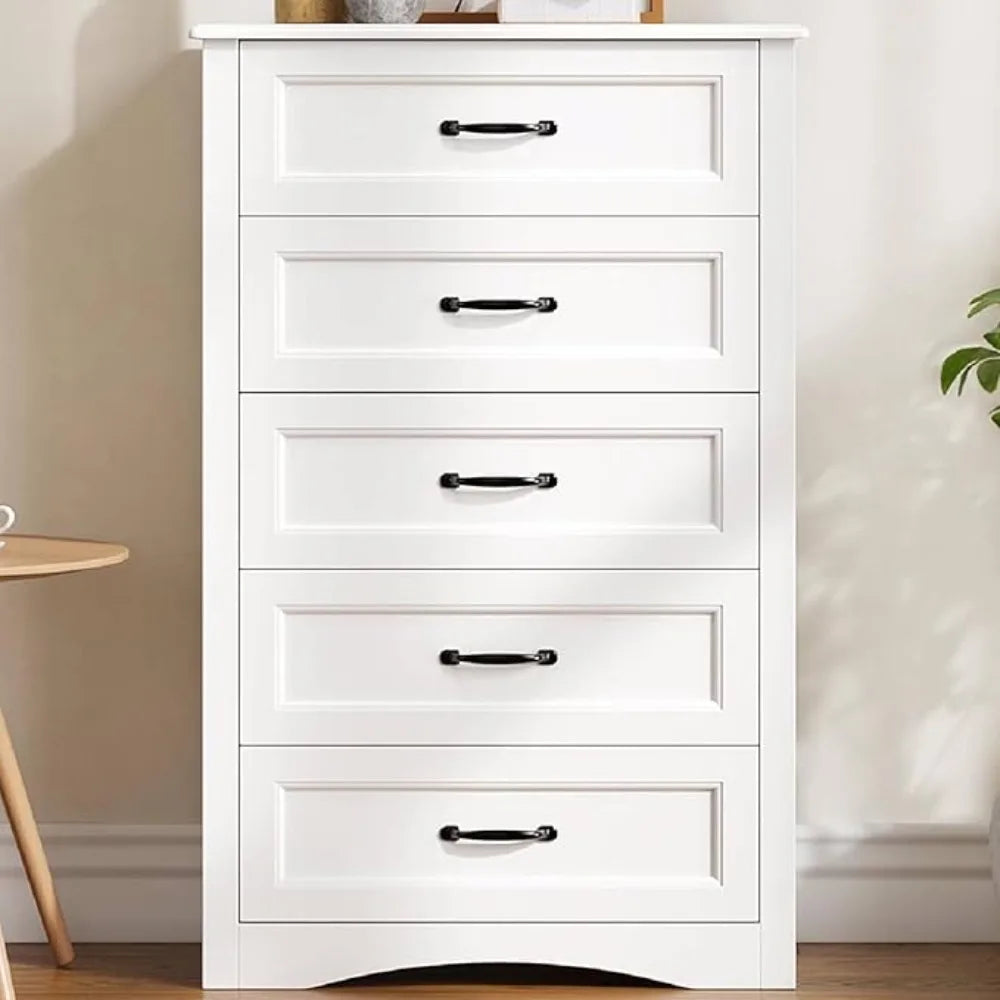 5-drawer dressing table, white wooden bedroom drawer cabinet, 43.3-inch large capacity storage cabinet with anti tipping device