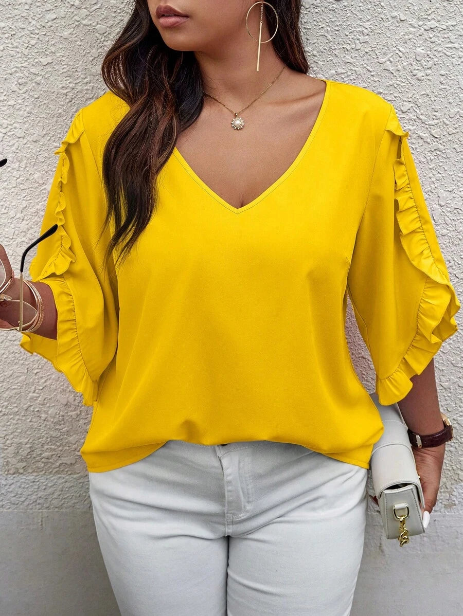 Ladies' Elegant Solid Color V-Neck Ear Cotton Blouse