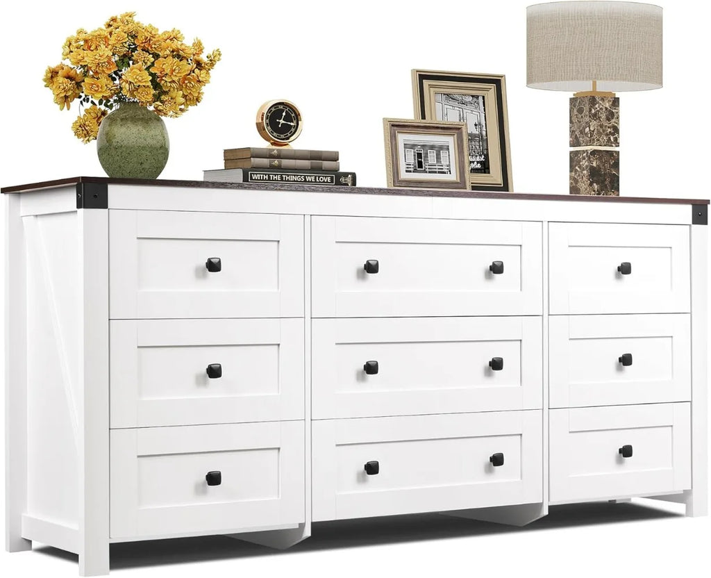 Farmhouse Dresser for Bedroom, 63" Wide 9 Drawer Dresser Storage Organizer, Wood Chest of Drawers for Bedroom, TV Stand