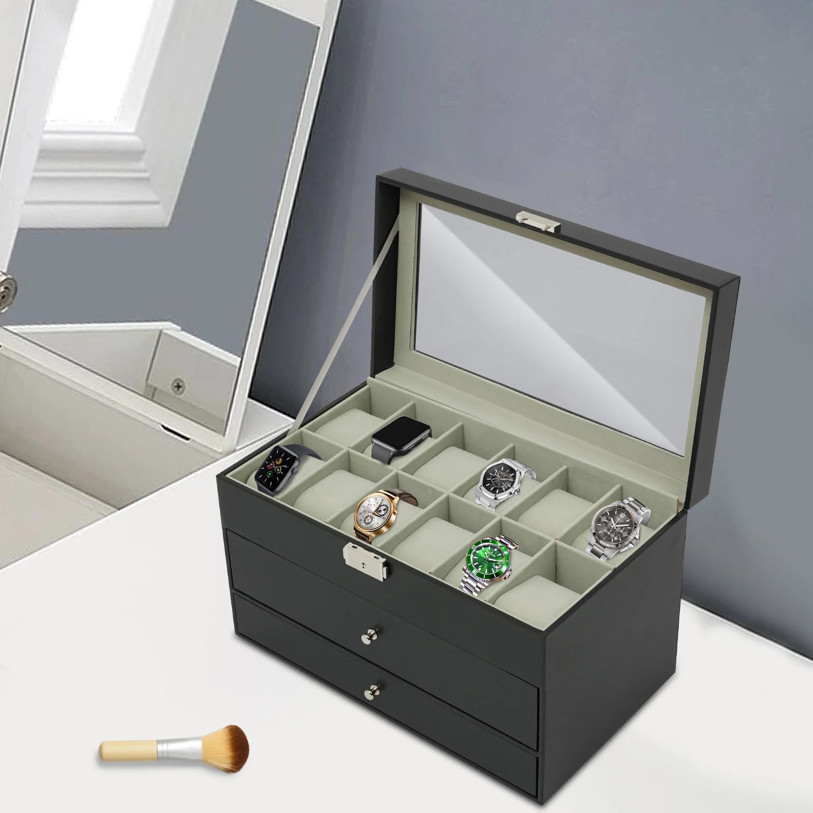 3 Tiers Jewelry Box Watch Display Case Display Desktop With Glass Top Jewelry Cabinet Storage Collection Organizer Black