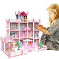 Pretend-Play DIY Dollhouse Kit with 4 Dolls DIY House Model Landscape Furniture and Accessories Set for Girls Birthday Gift