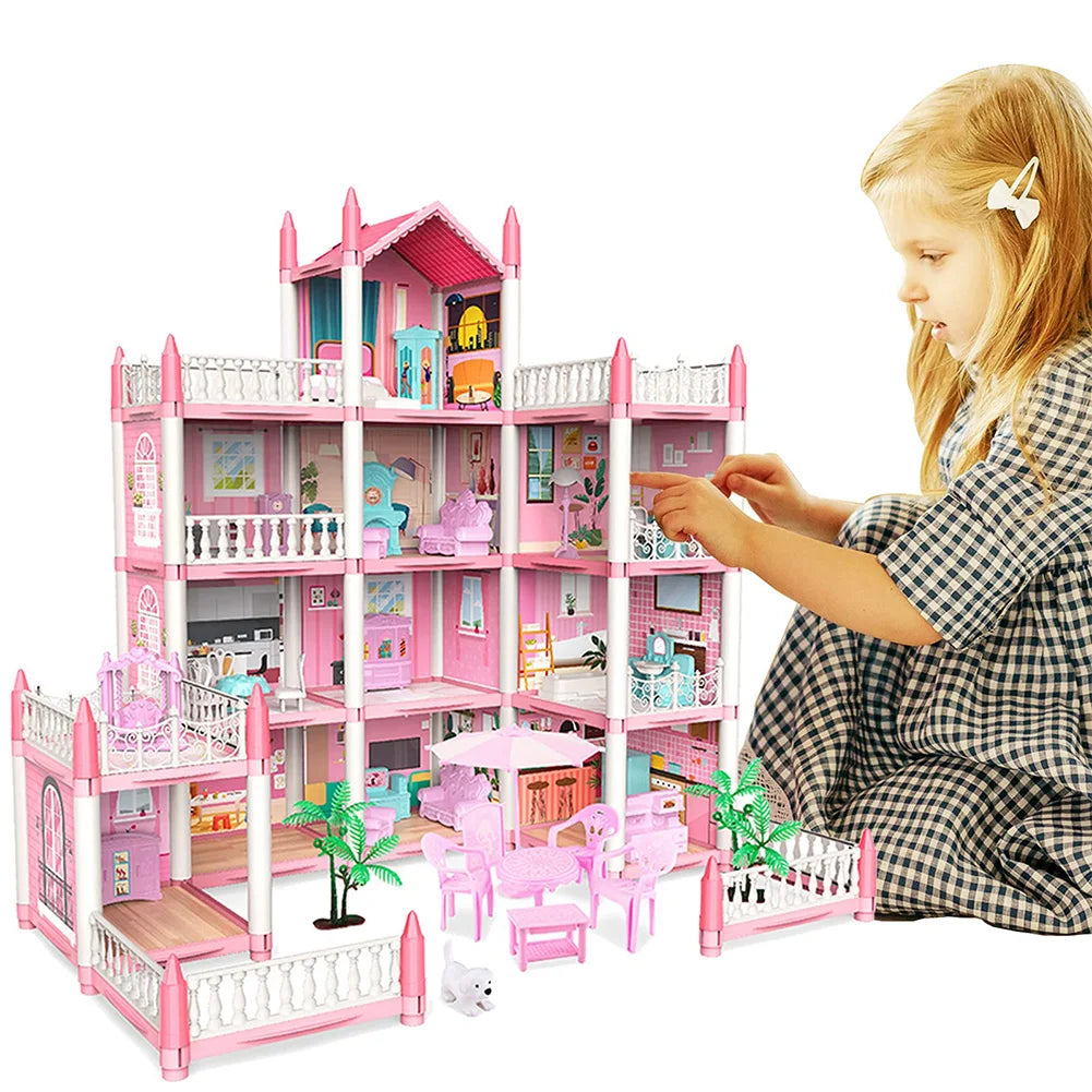 Pretend-Play DIY Dollhouse Kit with 4 Dolls DIY House Model Landscape Furniture and Accessories Set for Girls Birthday Gift