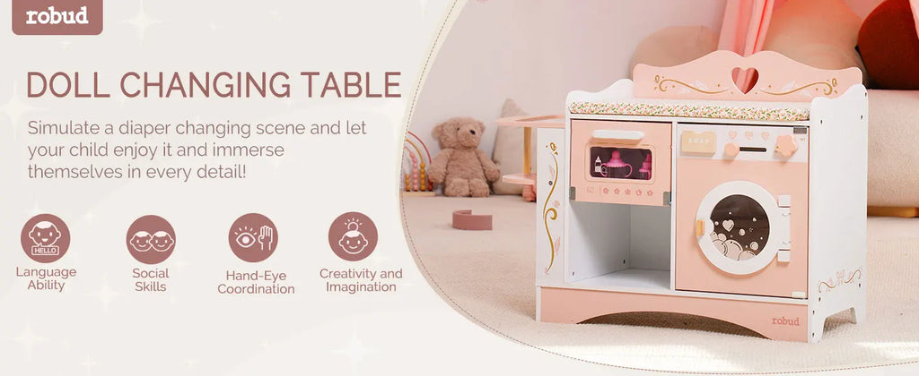 Robud Wooden 6-in-1 Baby Doll Changing Table with Baby Doll Crib Washing Machine Bottle Sterilizer Storage Area for Kids in Pink