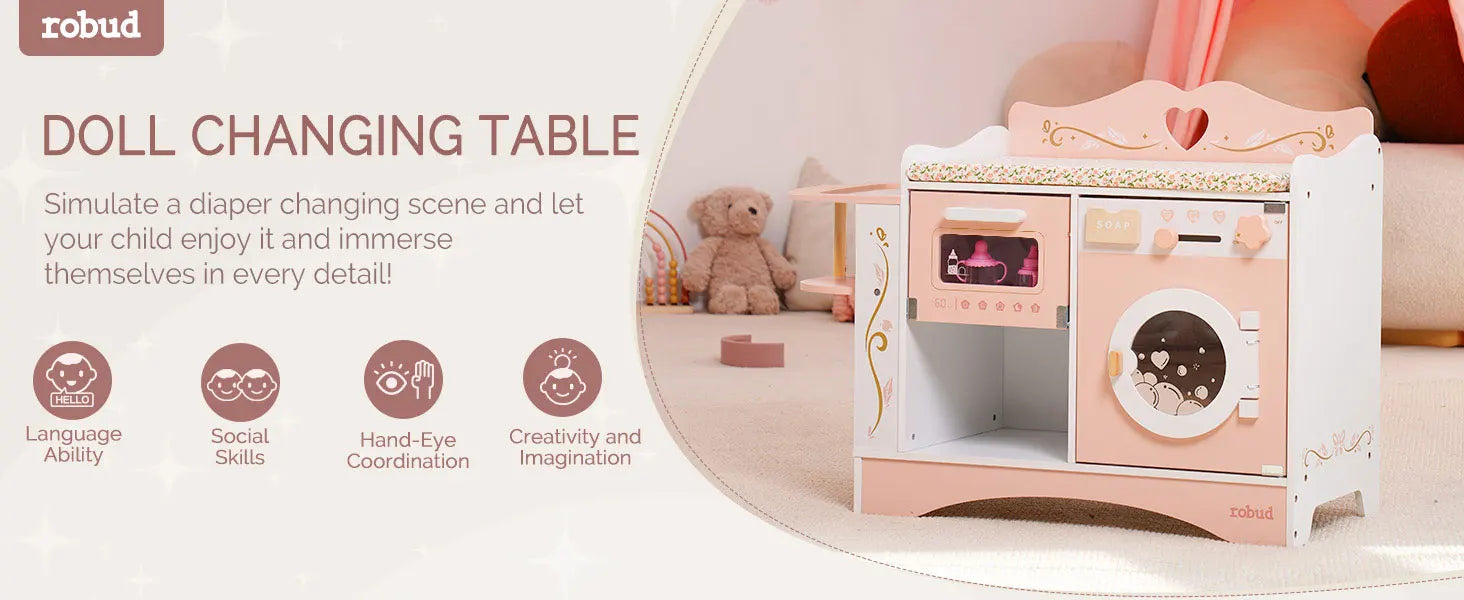 Robud Wooden 6-in-1 Baby Doll Changing Table with Baby Doll Crib Washing Machine Bottle Sterilizer Storage Area for Kids in Pink