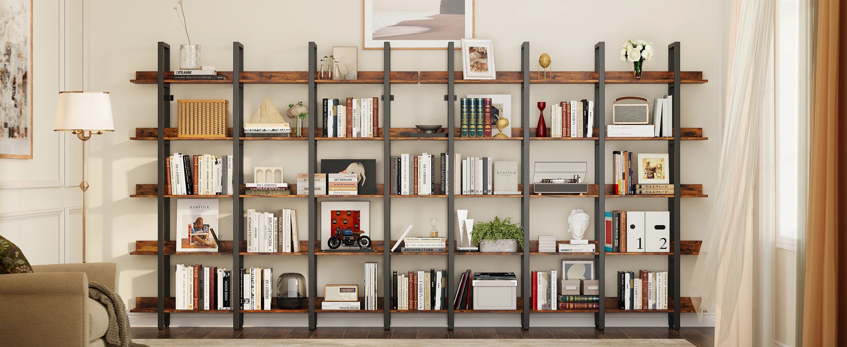 IRONCK Bookcase and Bookshelves Triple Wide 5 Tiers Large Open Shelves, Etagere Bookcases with Back Fence for Home Office Brown