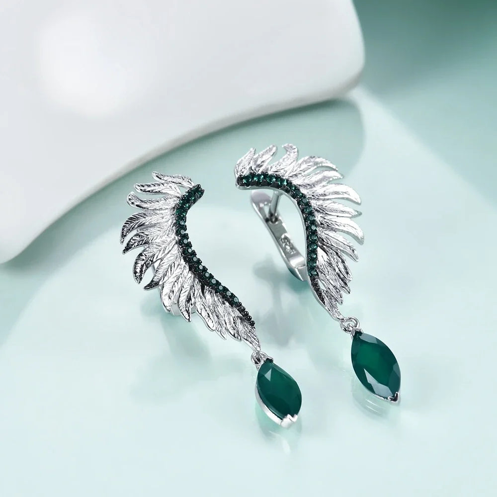 GEM'S BALLET Angel Wings Feather 925 Sterling Silver Earrings For Women Jewelry Anniversary Gift Natural Green Agate Amethyst