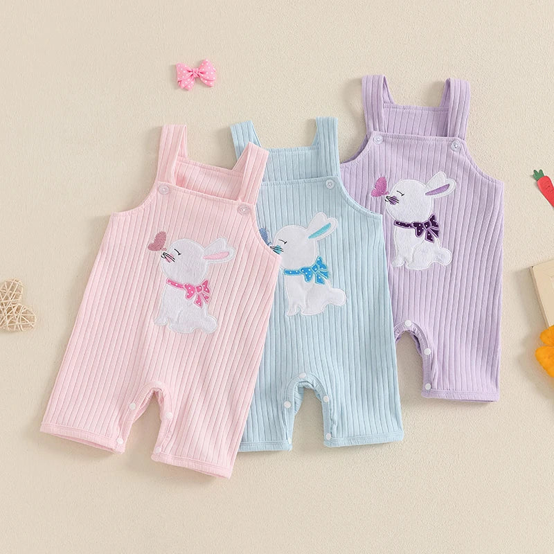 Easter Bunny Embroidered Sleeveless Romper Jumpsuit Square Neck Bodysuit for Infant Boys and Girls Cute Holiday Outfit