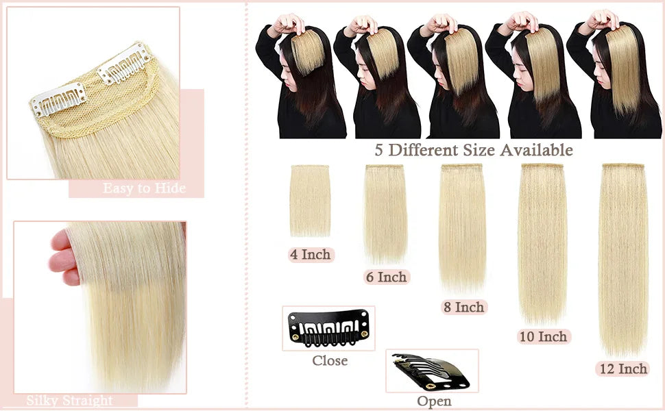 100% Human Hair Topper Invisable Straight Hair Pads Clip In One Piece 2Clips Increase Hair volume Hair Extensions Top Side Cover