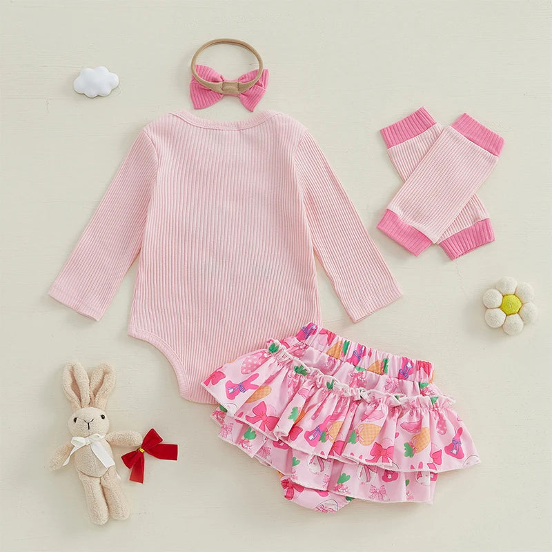 Toddler Easter Dress Bunny Print Short Sleeve Romper Tutu Skirt Headband Leggings Set for Baby Girls 0-24 Months
