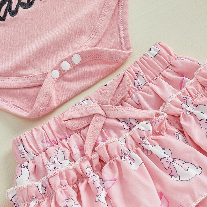 Adorable Toddler Easter Dress Floral Print Sleeveless Romper Ruffle Shorts Headband 3-Piece Outfit Set for Baby Girls