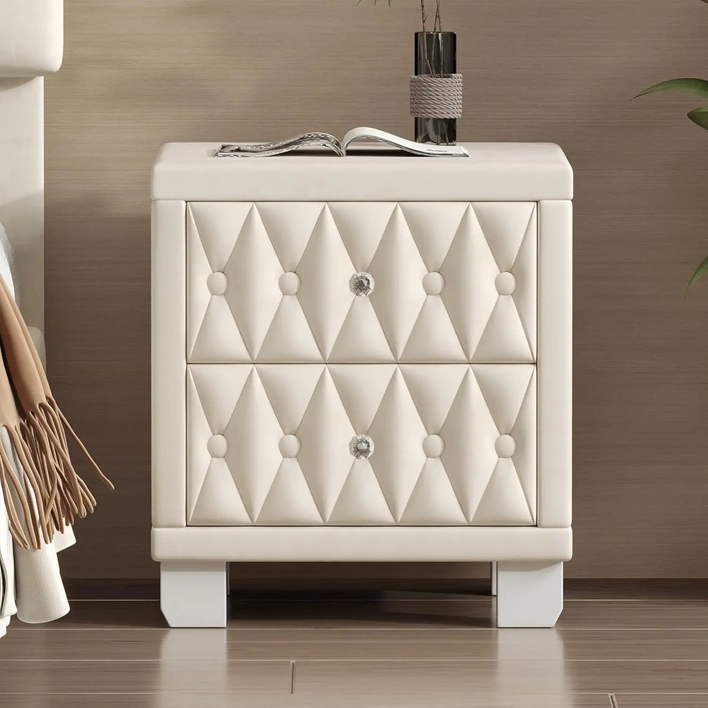 Velvet Nightstand with 2 Drawers, Storage Bedside Table with Button-Tufted and Crystal Handle for Bedroom, Living Room, Apartmen
