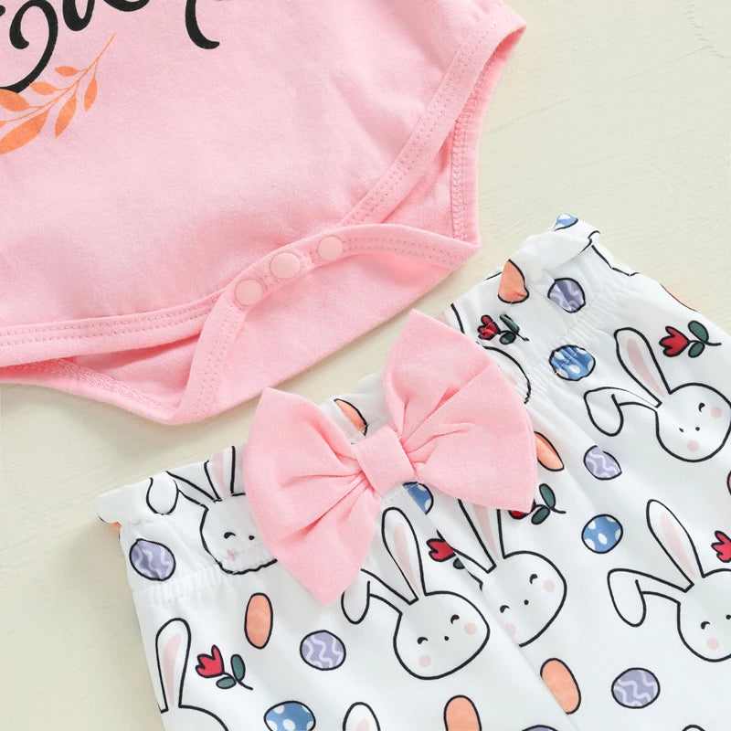 Adorable Baby Girl Easter Outfit Set with Letter Print Romper Bunny Print Pants and Matching Headband - 3 Piece Ensemble