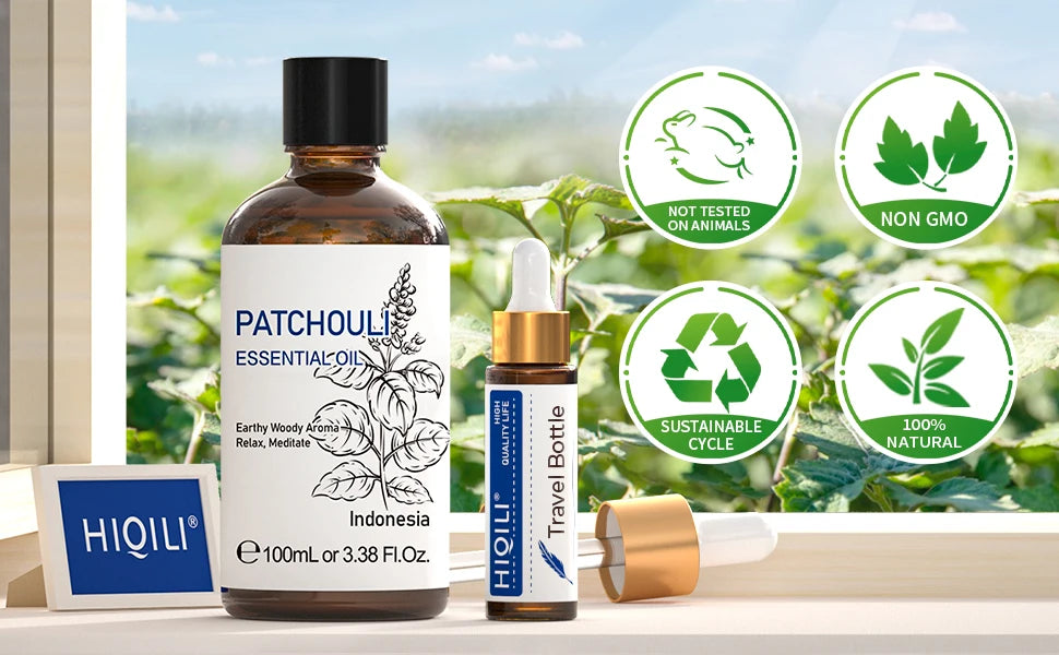 HIQILI 100ML Patchouli Essential Oils,100% Pure Nature for Aromatherapy, Diffuser, Humidifier, Massage, Keep happy, Candle