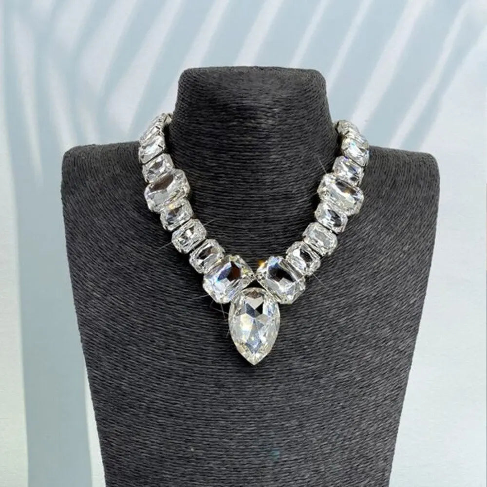 Stonefans Crystal V Shape Necklace Large Accessories for Women Drag Statement Collar Rhinestone Square Necklace Bling Jewelry