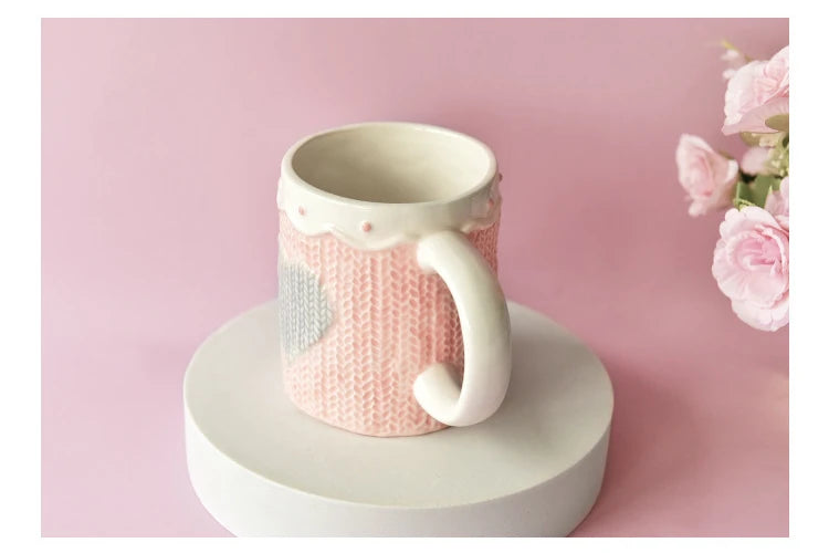 480ml Large Ceramic Coffee Mug Kawaii Bowknot Tea Cup Pink Wool Knitting Mug Dishwasher and Microwave Safe