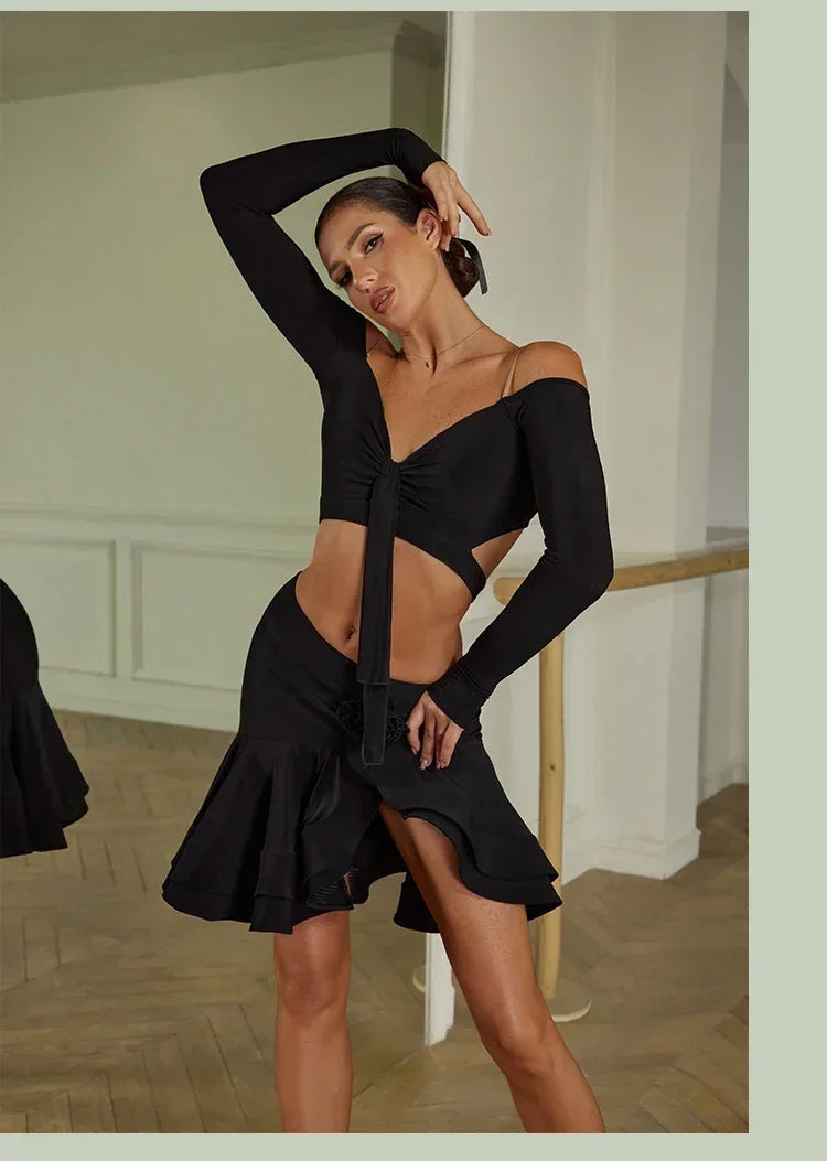 Sexy Off Shoulder Latin Top Ruffled Skirts Latin Dance Costume Stage Performance Clothes Samba Tango Dance Wear Set for Women
