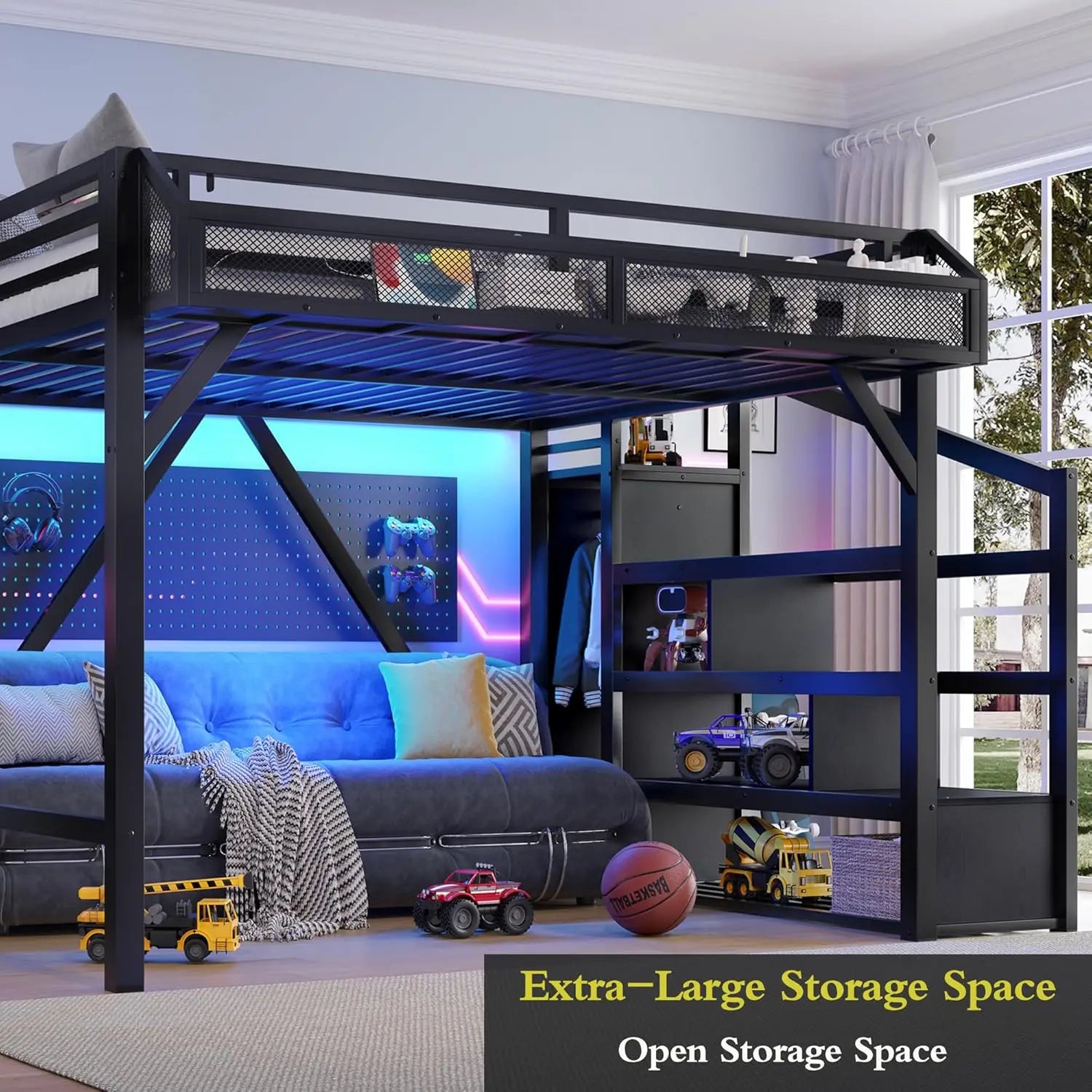 Queen Loft Bed with Storage Stairs, USB Ports & LED Lights - Black Woodgrain Metal Frame