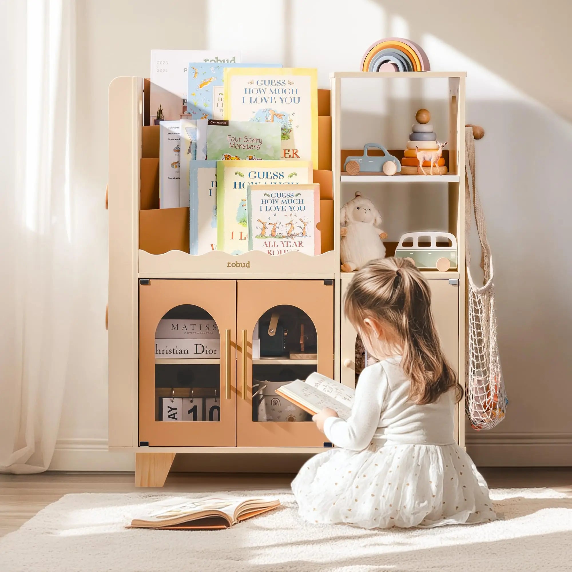 ROBOTIME ROBUD Kids Wooden Bookshelf with Storage Montessori Bookshelf Kids Bookcase Toy Storage Book Shelf for Toddlers