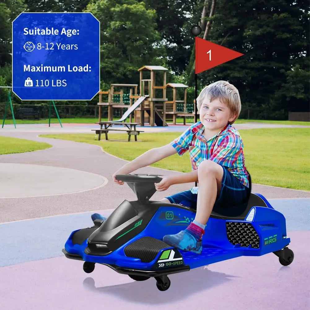 24V Kids Ride on Drift Car Electric Drifting Go-Kart Up to 7.5 mph Variable Speed with Music Colorful LED Light Low-Power Alarm