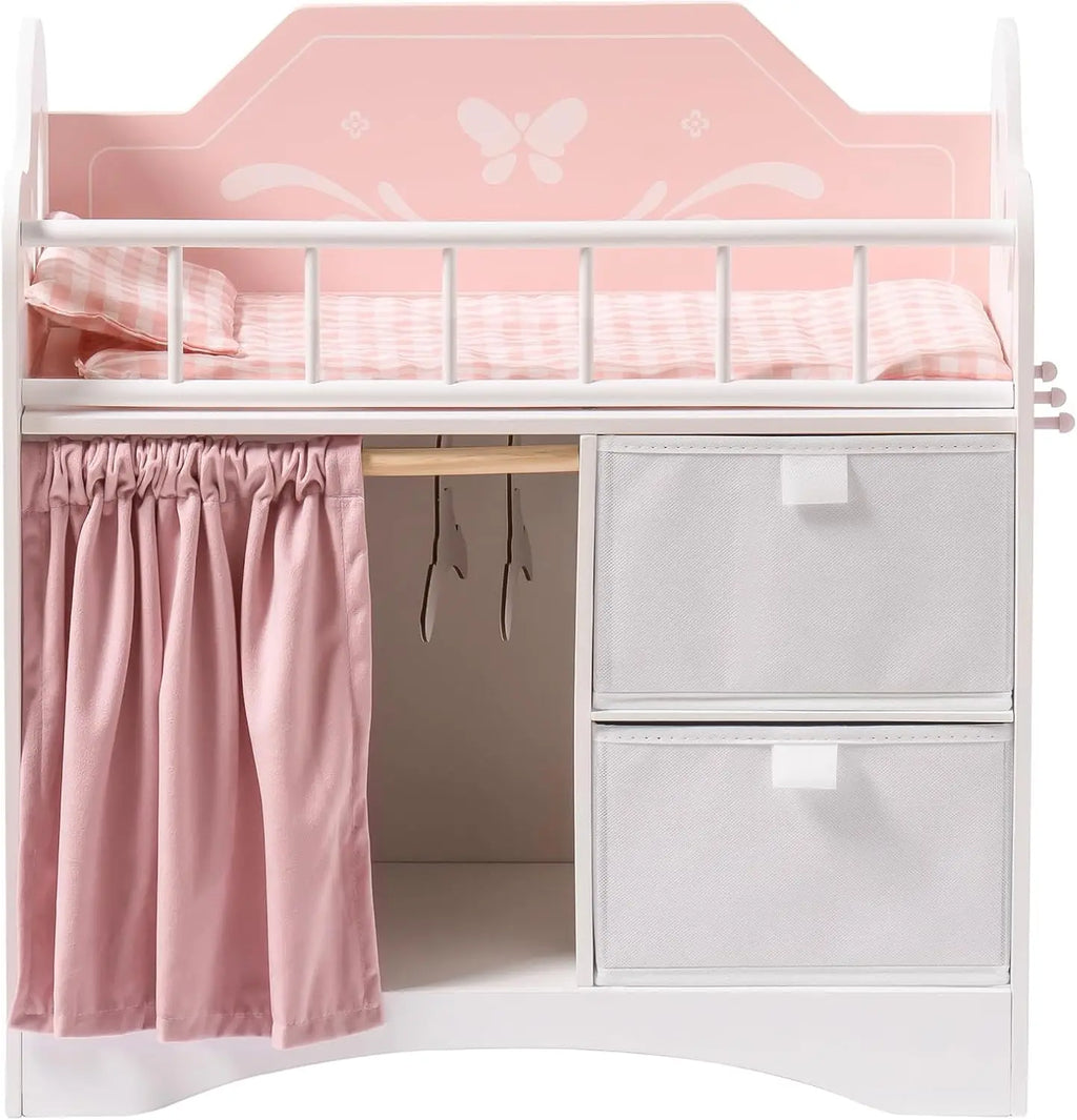 Robotime Baby Doll Crib Wooden Toy Baby Crib with Storage Bedding Wooden Hooks Doll Crib Fits Dolls up to 21" for Girls 3+ Pink