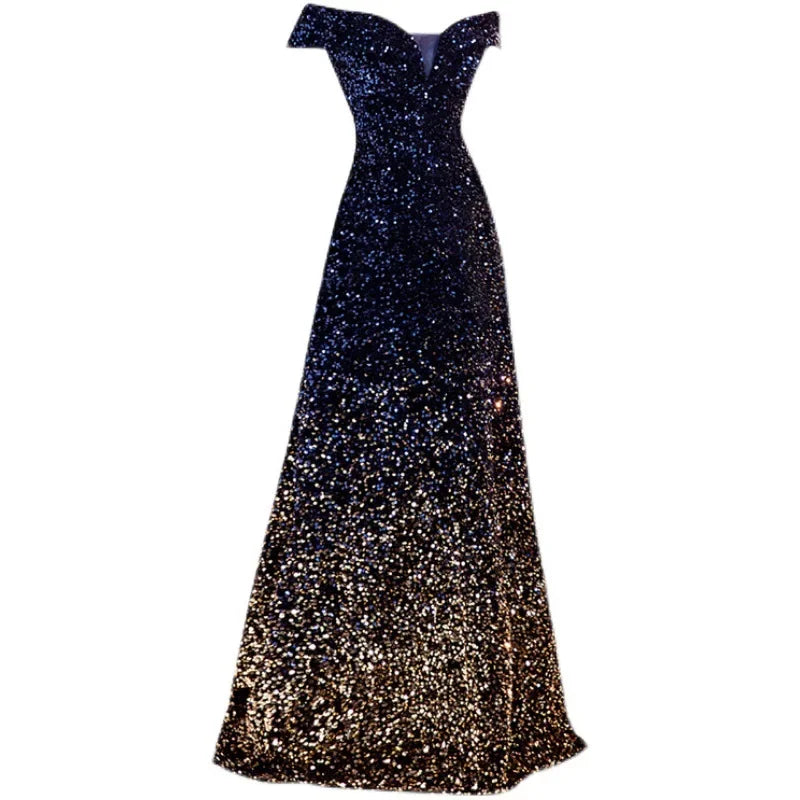 One Shoulder Evening Gown New Gradient Black Annual Party Stage Performance Host Walking Fish Tail Dress for Women 2026