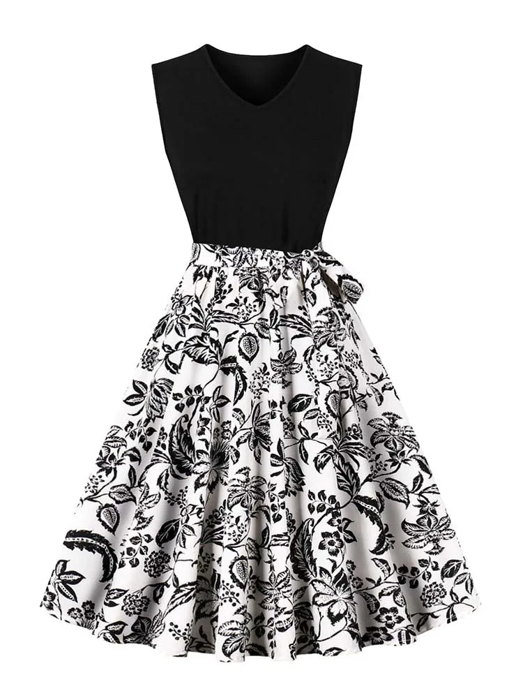 Retro Vintage Women's Summer Dress V-Neck Sleeveless High Waist Chic Floral Print with Belt 50s Style