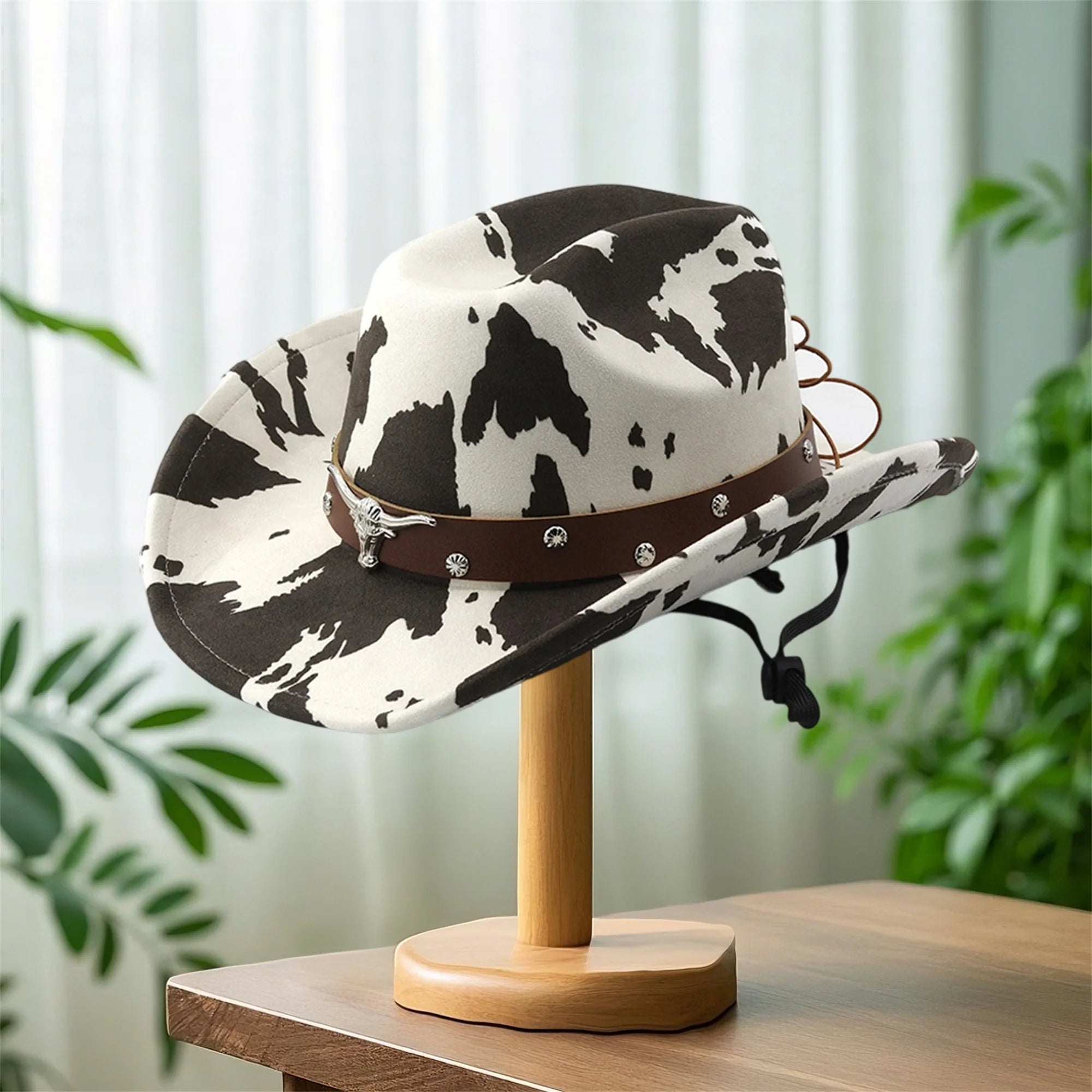 Vintage Leather Cowboy Hat for Women and Men with Cow Print Design Wide Brim Western Cap featuring Windproof Rope and Leather